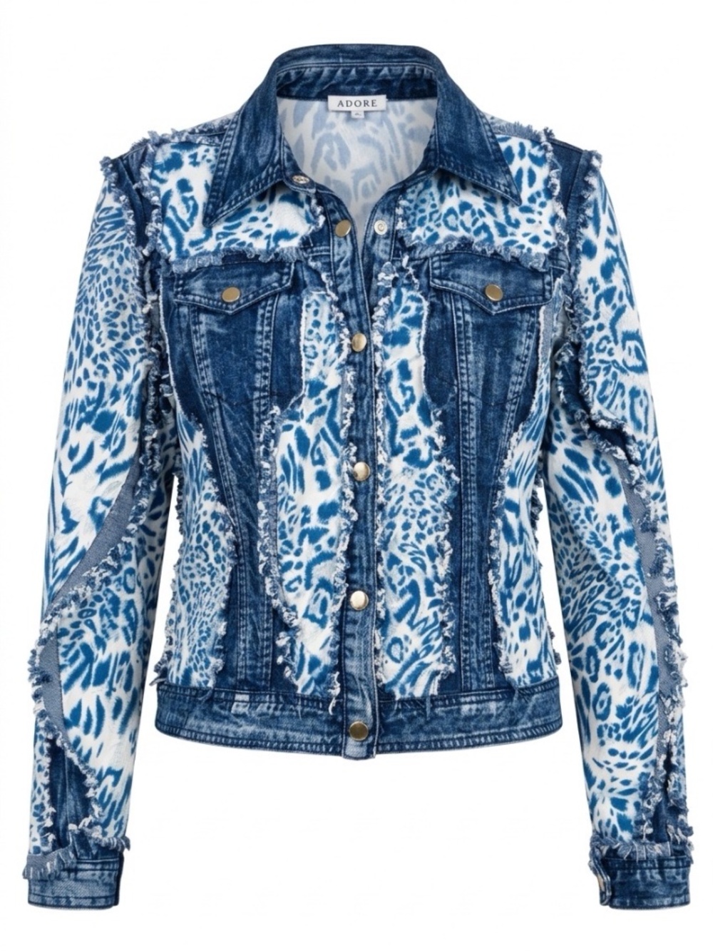 Adore blue Animal Print Denim Jacket with jean panels and Frayed trim -size M 🌟